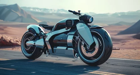 Foto op Plexiglas a futuristic motorcycle is parked on the side of the road © progressman