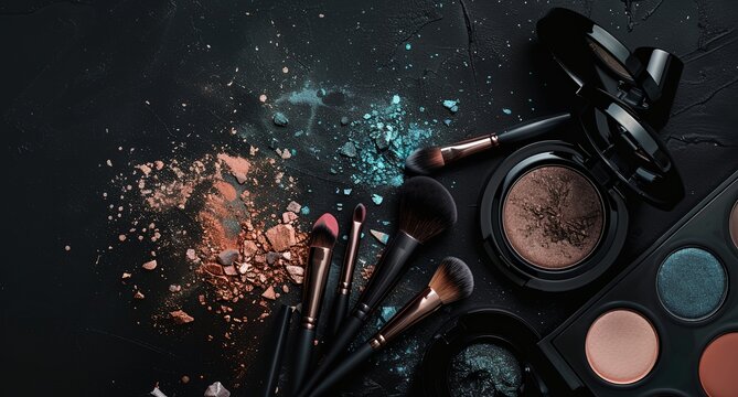 a collection of makeup brushes and eye shadows on a black surface