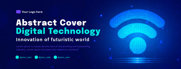 Digital technology poster cover, wifi wireless blue background, cyber information, abstract communication, innovation future tech data, internet network connection, Ai big data, illustration vector