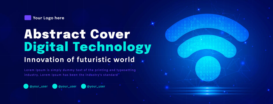 Digital technology poster cover, wifi wireless blue background, cyber information, abstract communication, innovation future tech data, internet network connection, Ai big data, illustration vector
