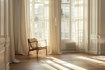 Sunlight streaming through large windows onto serene interior scene.