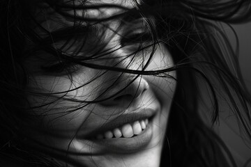 Minimalist close-up shot of a radiant woman's face framed by wisps of windblown hair, conveying pure happiness and serenity, monochrome