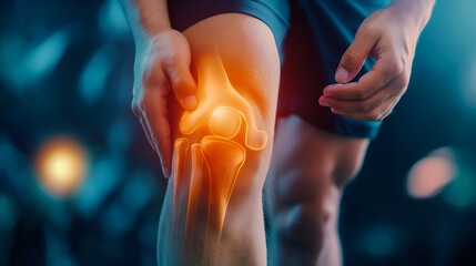 Person Experiencing Knee Pain and Joint Problem. Digital representation of a person holding their knee in pain, highlighting the knee joint in orange. - obrazy, fototapety, plakaty