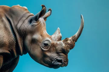 Fotobehang Close-up of a rhinos captivating face against a vibrant blue backdrop © Umar