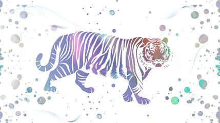 A colorful, artistic representation of a tiger walking amidst an abstract background of bubbles and swirls