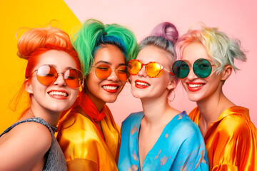 group of female fashion cloth stylish costume color hair style studio photo shoot on colored background smiling confident cheerful face expression friend group together