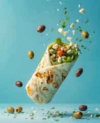 A burrito is soaring gracefully through the air against a clear blue sky