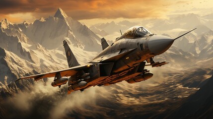 Guardian of the skies fighter jet soars over majestic mountain range - obrazy, fototapety, plakaty
