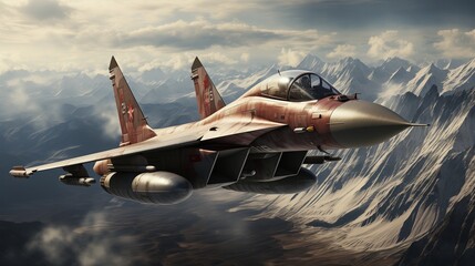 Majestic fighter jet soars over stunning a breathtaking mountain range - obrazy, fototapety, plakaty