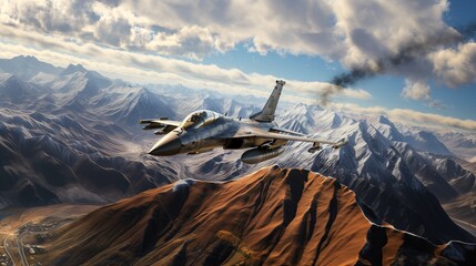 Supersonic guardian fighter jet soars across majestic mountain peaks