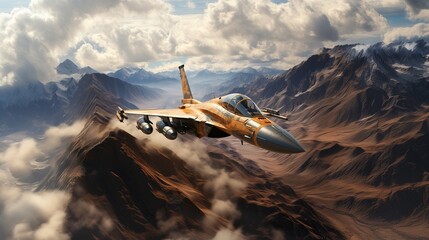 Supersonic skies fighter jet soars over majestic mountains - obrazy, fototapety, plakaty