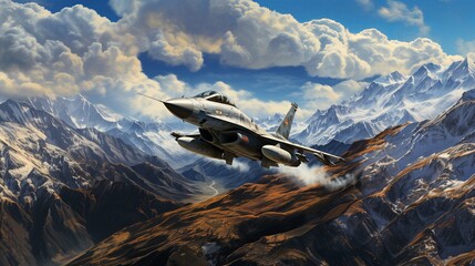 Thunderous skies fighter jet soaring over majestic mountains - obrazy, fototapety, plakaty