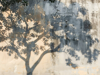 Vibrant shadows of a leafy tree dance on a distressed wall symbolizing resilience amidst urban wear and tear