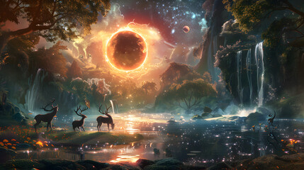 This captivating image showcases a mystical forest scene under a magical eclipse, with wildlife and glowing flora