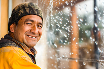 Happy Hispanic Worker Cleaning Glass Window or doing building maintenance - obrazy, fototapety, plakaty