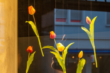 tulips on a rope in a shop window