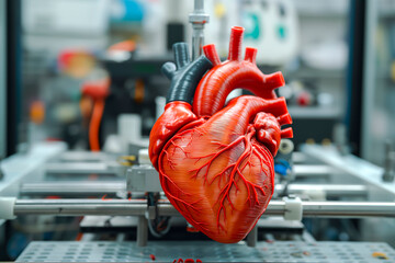Heart Organ 3D printing technology for transplantation of human internals artificial heart implant with modern innovations. Medical engineer using 3d printer for heart printed - obrazy, fototapety, plakaty