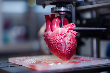 Heart Organ 3D printing technology for transplantation of human internals artificial heart implant with modern innovations. Medical engineer using 3d printer for heart printed - obrazy, fototapety, plakaty