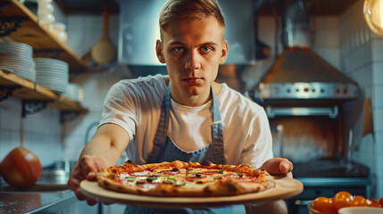 chef holding a plate of pizza in his hands