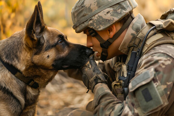 A heartwarming reunion captures the unspoken bond between a soldier and his loyal dog, epitomizing companionship and love.