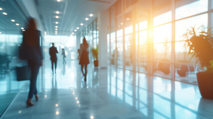Office interior with blurred people and sunlight