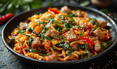 japchae, Stir fry noodles with pork and vegetable in black plate, copy space, korean food, restaurant advertising 