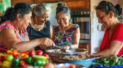 latin grandmother and granddaughter, daughter cooking mexican food at home, three generations of women - obrazy, fototapety, plakaty