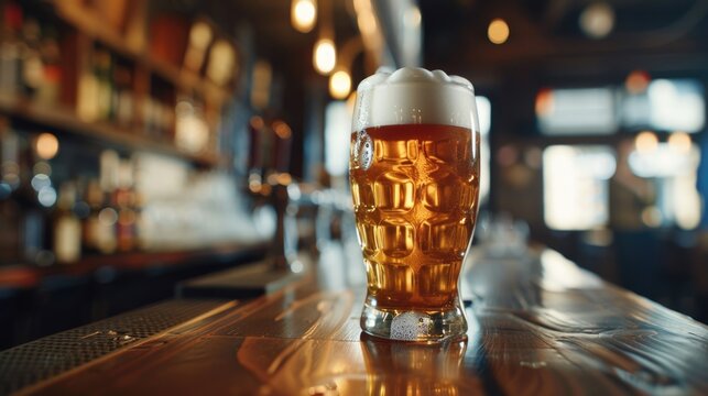Close up view of a tankard of beer with a frothy white head standing on a bar counter in a pub with selective focus to the glass
