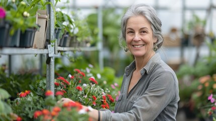 Portrait of a smiling middle aged woman with flowers in plant nursery