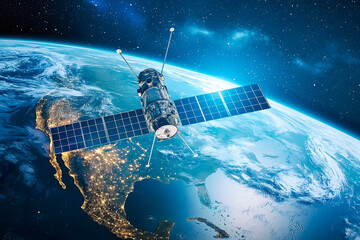 Internet network for fast data exchange over America from space, global telecommunication satellite around the world for IoT, mobile web, financial technology - obrazy, fototapety, plakaty