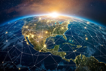 Internet network for fast data exchange over America from space, global telecommunication satellite around the world for IoT, mobile web, financial technology - obrazy, fototapety, plakaty