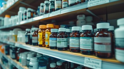 Bottles of pills arranged on shelf at drugstore - obrazy, fototapety, plakaty