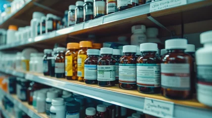 Poster Bottles of pills arranged on shelf at drugstore © romanets_v