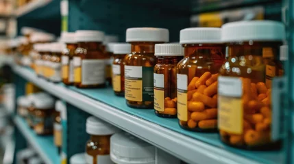 Zelfklevend Fotobehang Bottles of pills arranged on shelf at drugstore © romanets_v