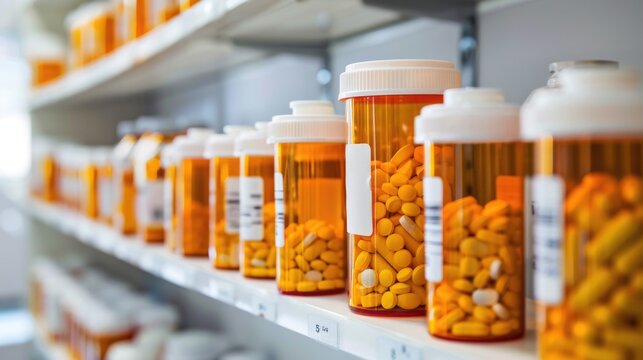 Bottles of pills arranged on shelf at drugstore