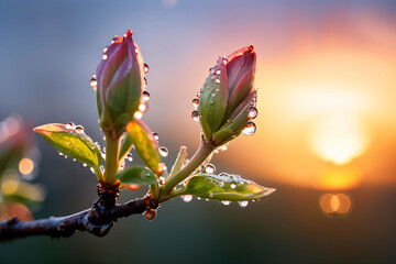 Tree branch with budding leaves in dew on blurred background. Dawn of a new spring day.