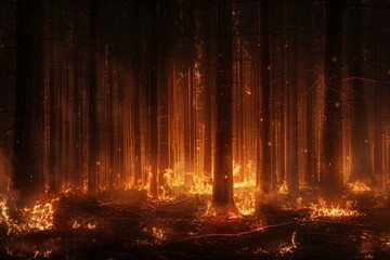 The fire has engulfed the forest at night and is spreading at high speed, flames rising upwards, smoke all around. Concept: Natural disaster, forest fire. Ultra-wide panoramic banner