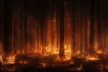 Foto op Canvas The fire has engulfed the forest at night and is spreading at high speed, flames rising upwards, smoke all around. Concept: Natural disaster, forest fire. Ultra-wide panoramic banner © JovialFox