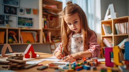 Child doing homework for school at white desk. Wooden educational abc toy puzzle for kids. Happy back to school student. - obrazy, fototapety, plakaty