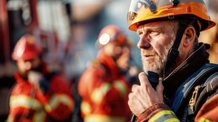 Portrait of a firefighter talking on radio with colleagues standing in the background
