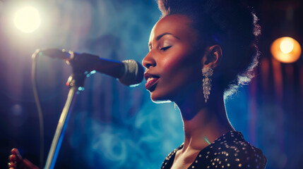 Beautiful African American female jazz singer on stage - obrazy, fototapety, plakaty
