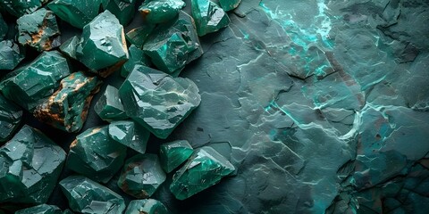 Green mineral stones in their natural habitat showcasing lustrous surfaces and textures. Concept Mineral Photography, Natural Habitat, Lustrous Surfaces, Textured Stones, Green Minerals