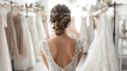 Naklejka premium Back view of a young woman in wedding dress looking at bridal gowns on display in boutique