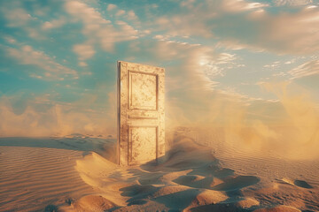 A door is in the sand, with a cloudy sky in the background