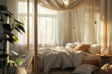 tranquil canopy bed in a serene bedroom retreat with sheer curtains - obrazy, fototapety, plakaty