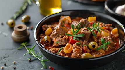 The traditional stew made with beef tripe and served with olives is called Callos a la Madrilena in Spain.
