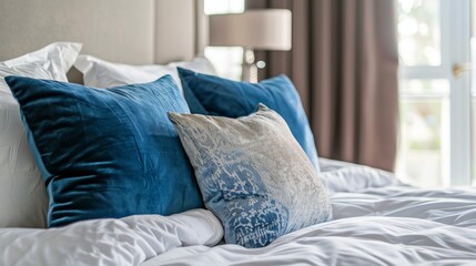 Elegant blue pillows on white bed in a cozy French country interior
