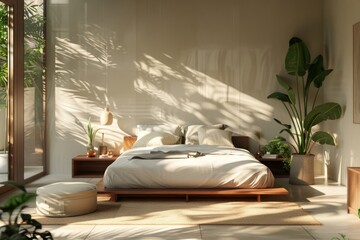 Tranquil Bedroom Oasis with Plush Platform Bed - Cozy Home Decor Idea