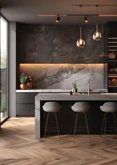 Modern minimalist interior design of dark kitchen with island. Interior design. Contemporary, sleek, elegant and modern.