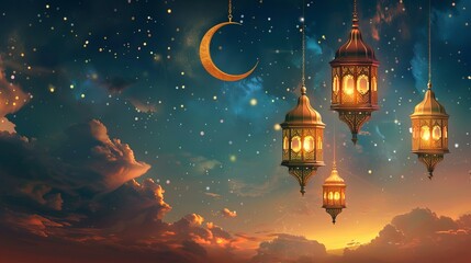 Arabic script and design on the Islamic crescent moon and mosque dome silhouette during Ramadan Kareem - obrazy, fototapety, plakaty